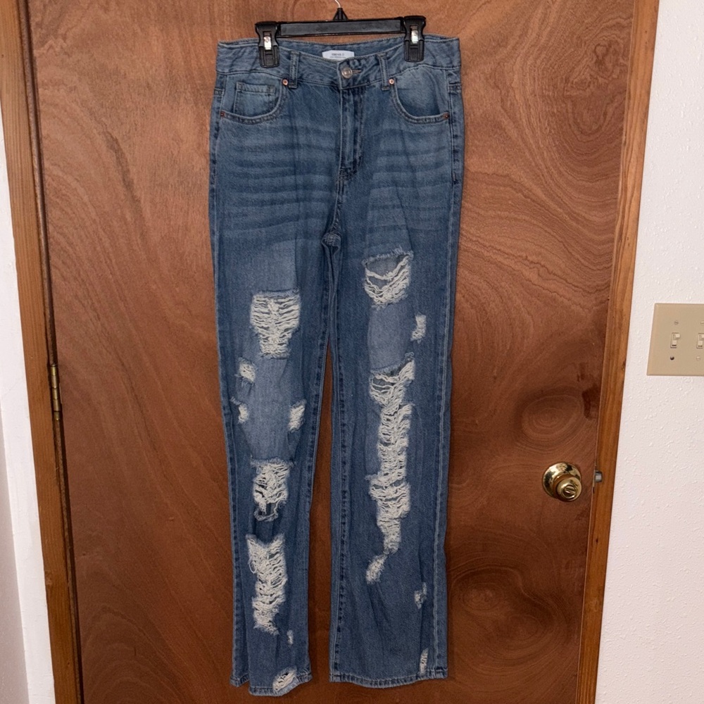 Forever 21 Ripped Blue Straight Leg Jeans